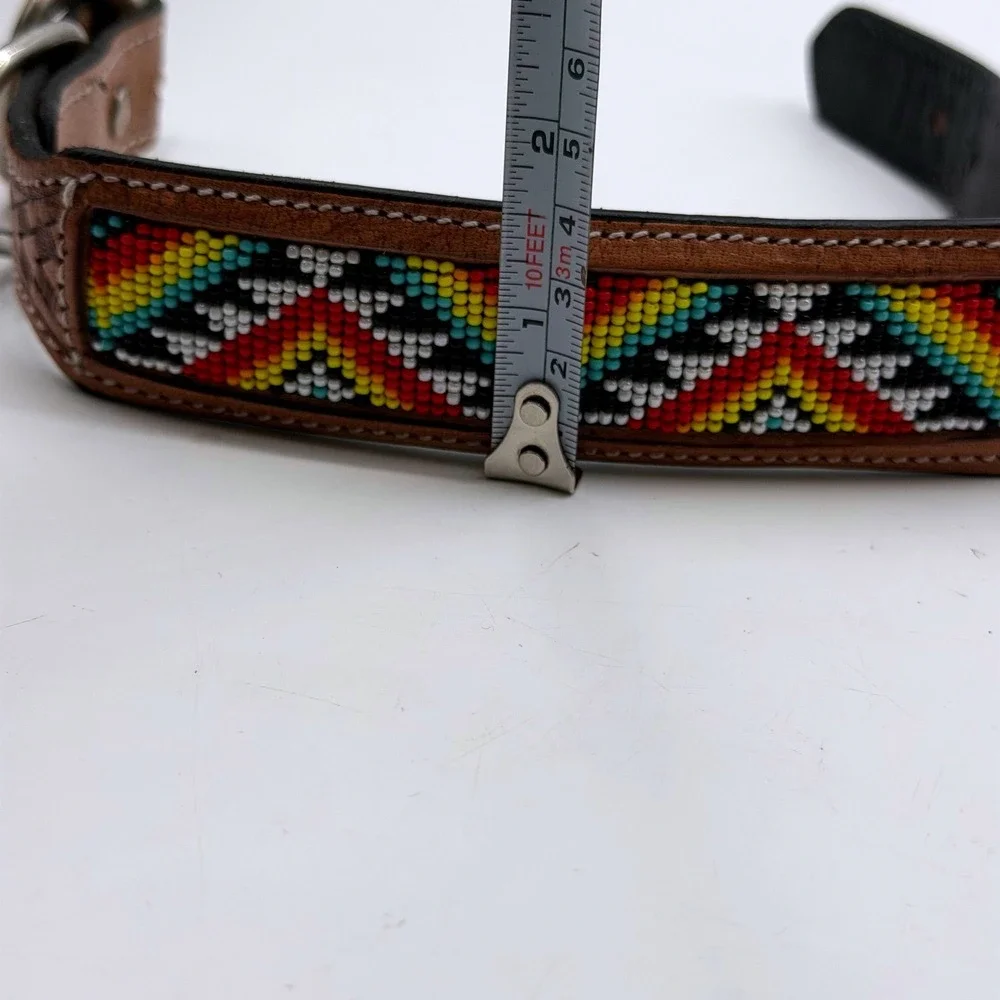 Myra Bag Southwestern Beaded Leather Dog Collar Brown Basketweave Small 10-14in